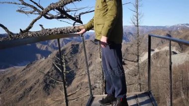 Genç bir adam, yaşlı bir kuru ağaç yakınındaki bir dağın tepesinde duruyor Vadisi ve çevresinde Dağları Panoraması bakar. ağır çekim, 1920 x 1080, tam hd