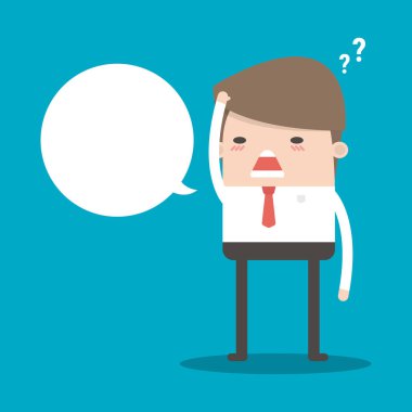 Düşünen adam soru işareti ile. Çizgi film vektör çizim merak ve şüphe bir işadamı. EPS 10.