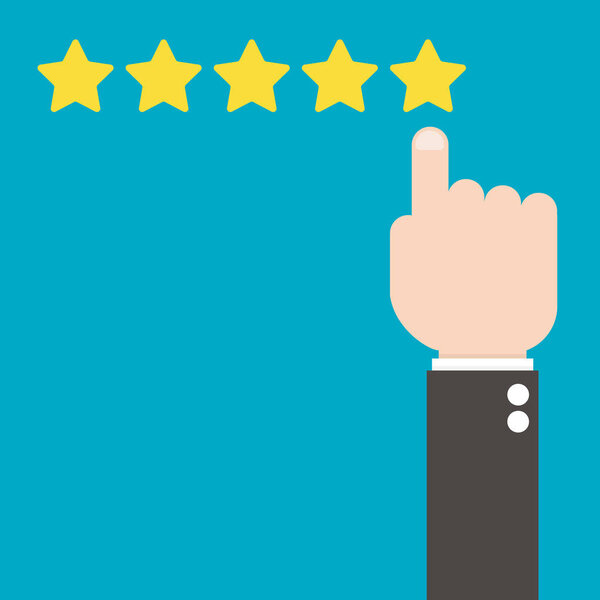 Рука с указательным пальцем указывает на звезды рейтинга. Плоский дизайн
.