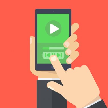 Akıllı telefon ekranında ortam oynatıcı uygulaması. Bir elinde akıllı telefon ve parmak ekranı var. Düz tasarım vektör çizimi.