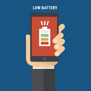 Üstünde belgili tanımlık perde smartphone ile düşük pil tutan el. Düz vektör çizim.