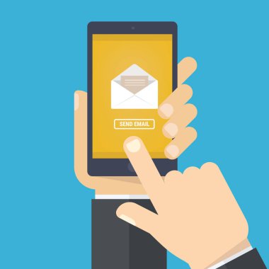 Akıllı telefon el ile sosyal ağ e-posta tutan el. Cep telefonunda mesaj. E-posta pazarlama.