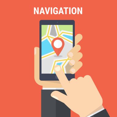 Akıllı telefon tutarak ve ekranı ile mobil harita gps navigasyon dokunmadan el. Yol kavramı bulmak. Düz vektör çizim.