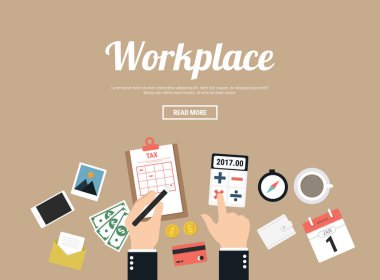 İş yeri kavramı. Üstten Görünüm iş el, kalem, cep telefonu, eller, kahve, bitki saksı içinde. vektör düz çizim