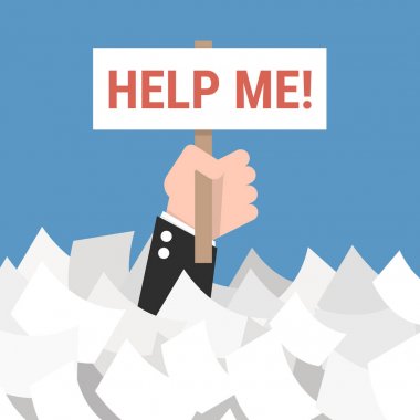 İşadamı beyaz kağıt çok altında yardım, tasarım düz gerekir