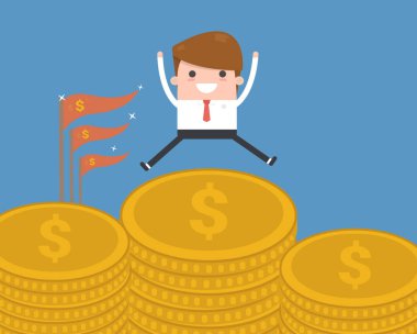 İşadamı para yığını ile kırmızı bayrak üstüne