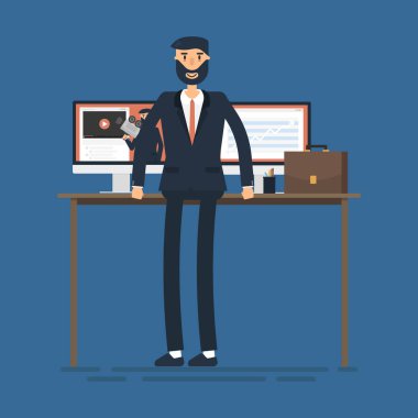 Yöneticisi veya işadamı stand ofis işyeri tablosunda yakın. Vektör, illüstrasyon, düz