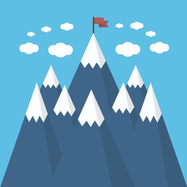 Kavram iş ve başarı. Kırmızı bayrak bir dağ tepe üzerinde.