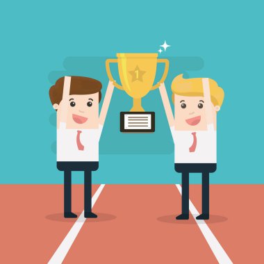 Altın kazanan Kupası bir arada tutan iki iş adamları. Takım çalışması, işbirliği ve ortaklık kavramı. Düz stil. EPS 8 vektör çizim