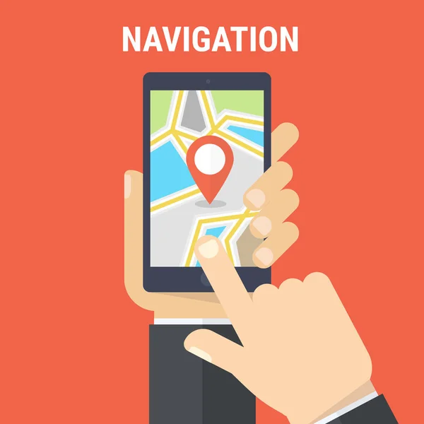 Kézi Üzem Smartphone Mozgatható Megjelenítése Gps Navigációs Képernyő Megérintésével Megállapítás — Stock Vector