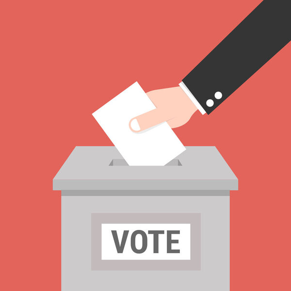Концепция голосования в плоском стиле - ручная кладка бумаги в урну для голосования
