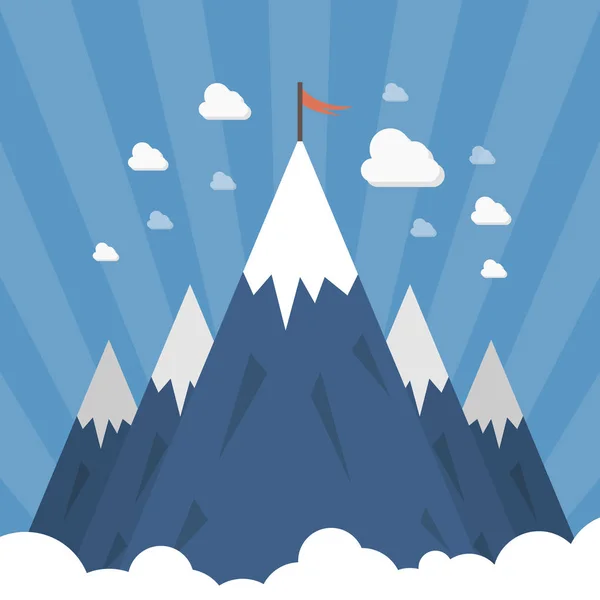 Picos Montaña Brillantes Sobre Fondo Azul Con Una Bandera Roja — Vector de stock