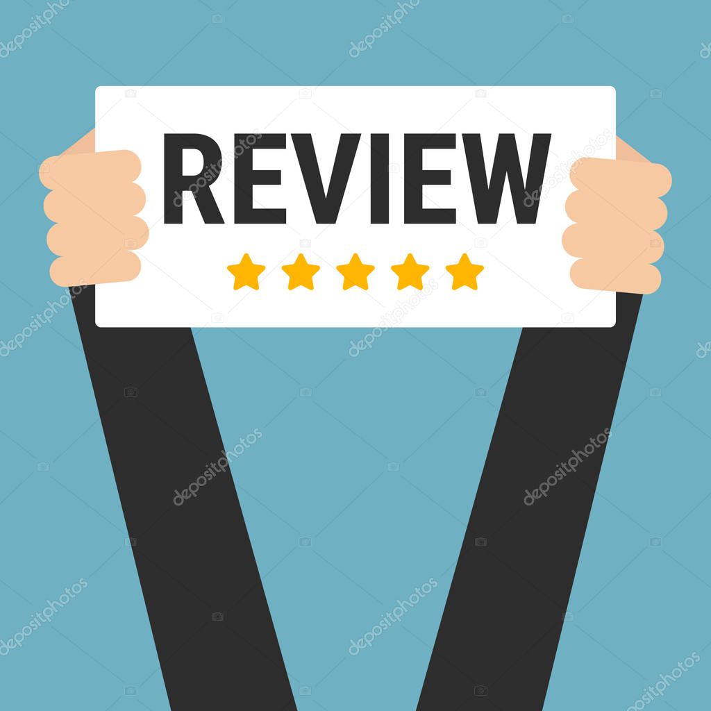 Businessman holding review sign, vector