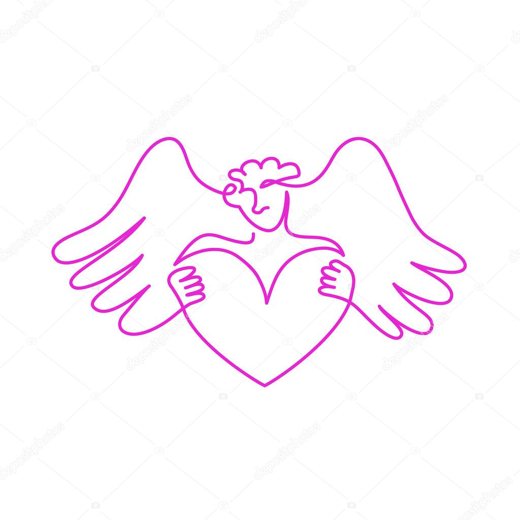 Vector sketch by one line of cupid with heart. Valentine's Day. Drawing with one line