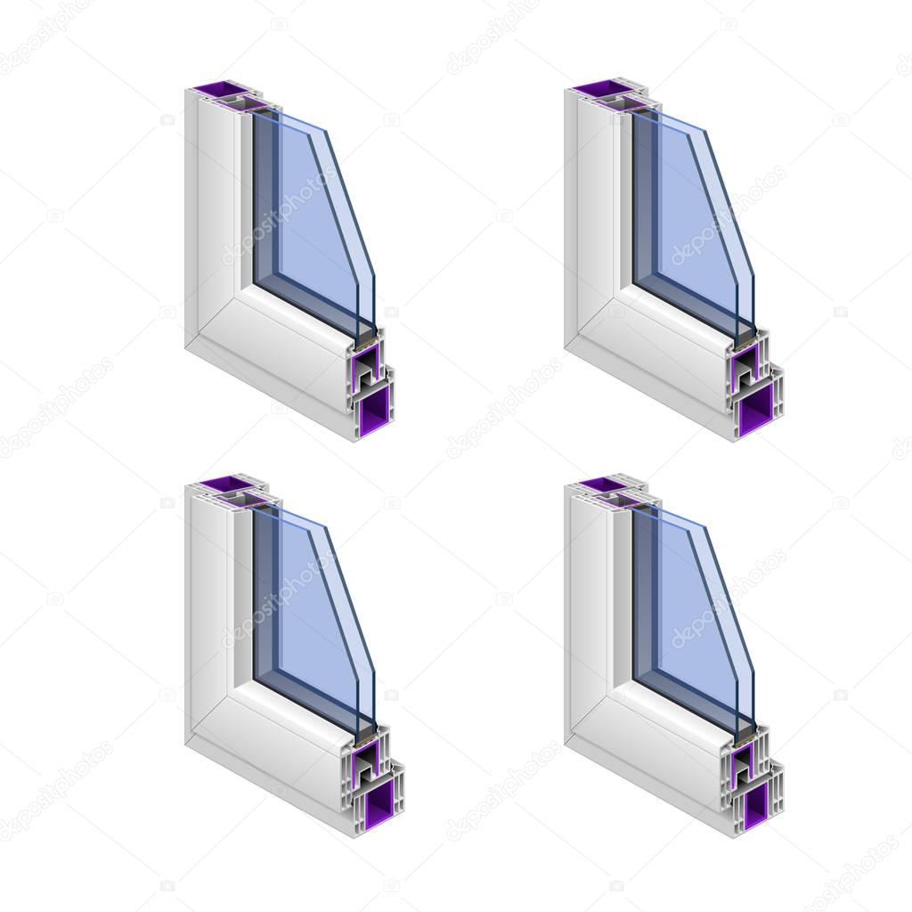 Vector objects, plastic box. PVC. Four icons. Three-chamber profile, four-chamber profile, five-chamber profile, six-dimensional profile, double-glazed windows.