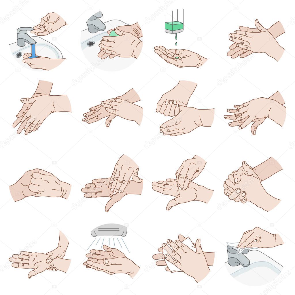 Hand washing sketch. Clean against viruses. Vector hand sketch. Infographics of purity.