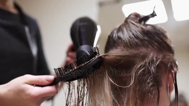 Перукарня сушить жіноче волосся після прання, жінка робить нову зачіску в салоні краси, здоров'я та краси — стокове відео