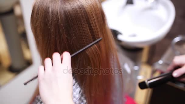 Hairdresser Makes Hair Straightening Barber Makes New Woman Haircut Woman Makes Curly Hair Straightening