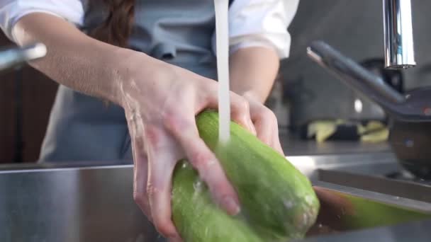 Chef lava calabacín para cocinar ragú vegetal, ama de casa cocina verduras, mujer hace ensalada de verduras, alimentos frescos y saludables de huerta — Vídeo de stock