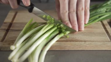 Şef taze yeşillik salatası mutfakta kendi Bahçe, vegan gıda, taze ve sağlıklı yemek, diyet gıda sebze keser.