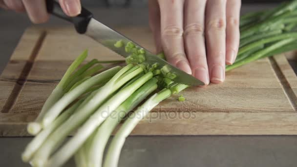 Chef-kok snijdt verse Groenen voor salade in de keuken, groenten uit eigen tuin, veganistisch eten, vers en gezond gerecht, dieet voeding — Stockvideo