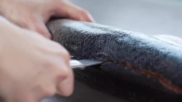 O cozinheiro separa filé de salmão, chef prepara peixe para cozinhar, pratos com peixe, dieta e comida saudável. — Vídeo de Stock