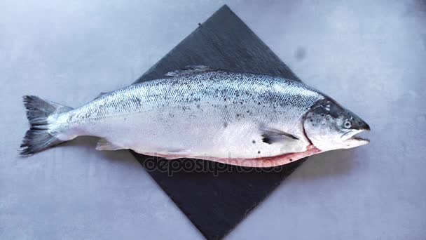 Roze zalm in de keuken, de zalm sashimi en sushi, vis eten, Aziatische keuken — Stockvideo