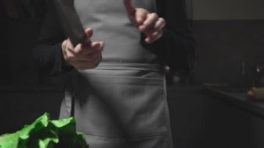 Şef ustaca kullanarak bıçak, profesyonel şef mutfak, bıçak savurma, ana yemek yeteneği gösterir