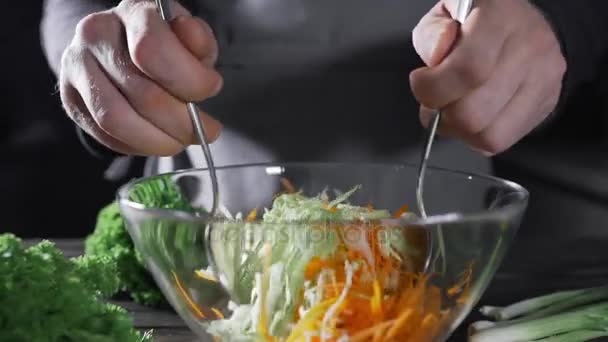 Повар делает овощной салат с капустой и морковью, вегетарианскую еду, свежие продукты и витамины, здоровую пищу, зелень и салат, приготовление пищи — стоковое видео