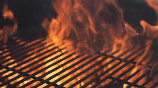 Llama y fuego en la parrilla, barbacoa en el soleado día de verano, cocinar en el fuego abierto, preparaciones para barbacoa, llama está ardiendo — Vídeos de Stock