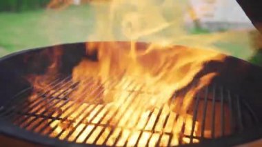 Alev ve yangın ızgara, Barbekü güneşli yaz gün, açık ateş üzerinde pişirme, Barbekü için preparings, alev yanıyor
