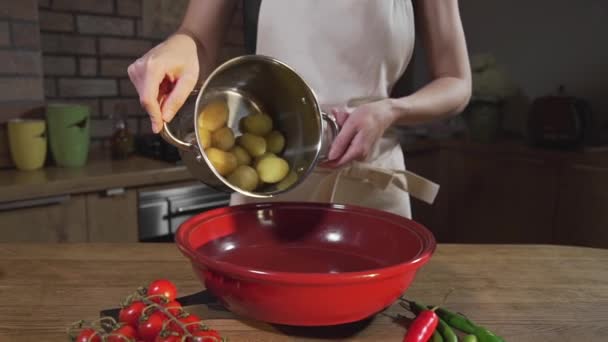 Le cuisinier verse des pommes de terre bouillies chaudes hors de la casserole, cuisson des aliments, repas de légumes, chef à la cuisine, poêle à ébullition chaude, femme cuisine des plats — Video