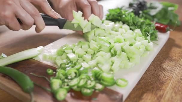 Повар нарезает огурцы и зелень для приготовления свежих и здоровых овощных салатов, витаминов в пищу, вегетарианскую еду, диетическое блюдо, приготовление пищи, домохозяйка на кухне — стоковое видео