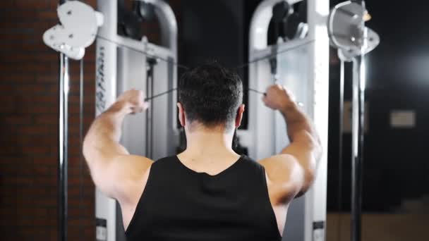 L'homme fort pompe les muscles au gymnase, les exercices de force sur les simulateurs, l'athlète au club de fitness, l'homme caucasien avec la barbe pompe les muscles — Video