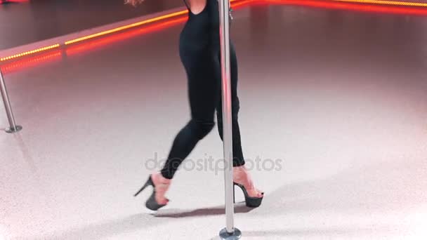 Vackra attraktiva vita pole dansare i åtsittande klänning, kvinna med sexig form dansar nära pole, erotisk dans, koreografi och qymnastics, exotiska poledance — Stockvideo
