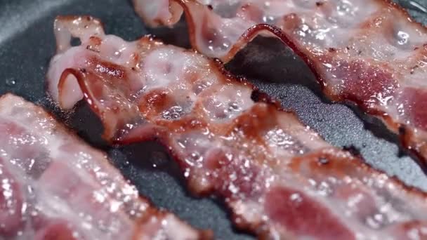 Des morceaux croustillants de bacon savoureux sont frits sur la poêle chaude, graisse bouillante chaude, cuisson de la viande, repas avec de la viande, bacon pour le petit déjeuner, viande de porc — Video