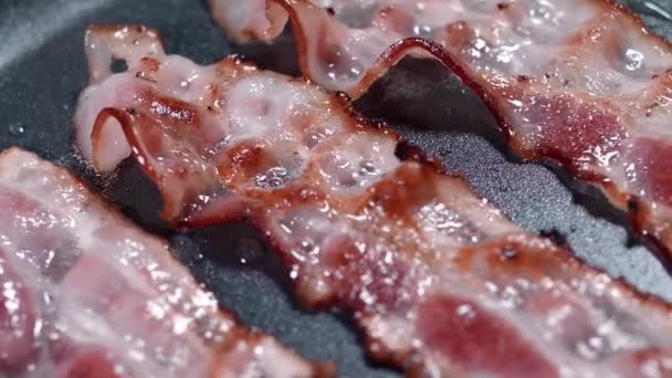 Trozos crujientes de sabroso tocino se fríen en la sartén caliente, grasa hirviendo caliente, carne de cocina, comidas con carne, tocino para el desayuno, carne de cerdo — Vídeo de stock