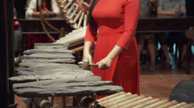 Asyalı kadın Ulusal elbiseli ülke, halk müziği, enstrümantal topluluğu, muscial insanlar, halk müziği konserine, kültürel kökler halk aletleri üzerinde çalış