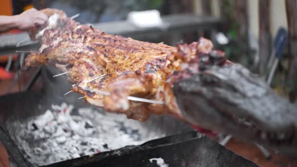 Cocodrilo a la parrilla en el fuego abierto en el restaurante de comida de mar, comidas exóticas en Viethnam, comida de la cocina asiática, carne de cocodrilo crudo, comida exótica — Vídeo de stock