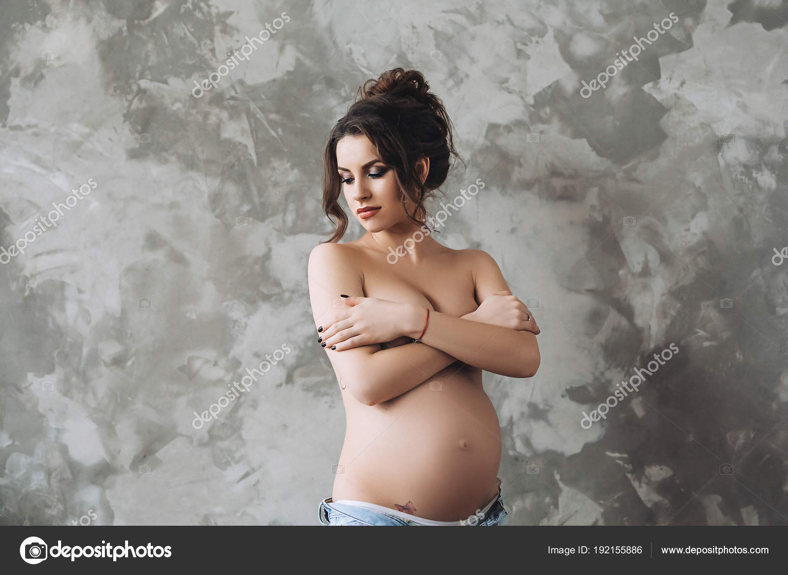 Beautiful attractive pregnant woman stands topless and covers herself by hands , pregnant white woman with dark hair, beauty of pregnant woman, sexy portrait Stock Photo by ©thekotlyar 192155886 photo picture picture