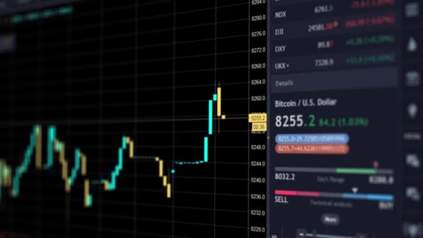 Gráfico en línea de moneda bitcoin, tendencias financieras, cripto currecy intercambio y comercio electrónico, estado del mercado financiero — Vídeos de Stock