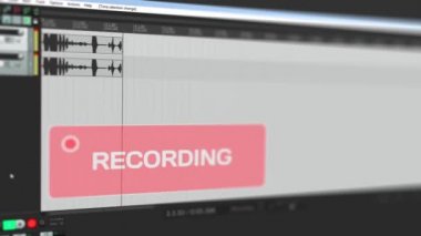 Bilgisayar stereo parça online radyo sinyalleriyle iletilen yazmak, hareketli dalga biçimi gösterir ve kullanıcı ile yanıp sönen kırmızı uyarı düğmesini kayıtla ilgili uyardı videodur koşu, arabirim video, ekran yakalama, ses