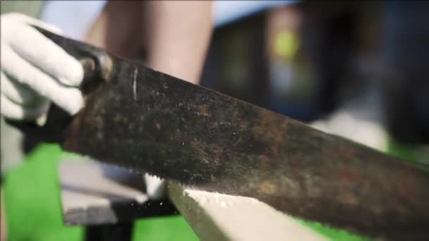 L'homme a scié le bar en bois près de la scie à main rouillée à l'extérieur, bricolage travaille avec du bois, couper le bâton, fait à la main dans la cour — Video