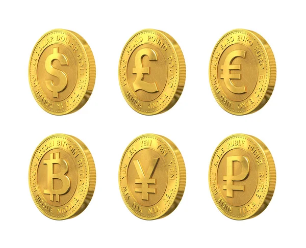 Ensemble de pièces d'or avec des signes dollar, euro, livre sterling, rouble, bitcoin et yen. Rendu 3d . — Photo