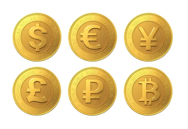 Set di monete d'oro con dollaro, euro, sterlina, rublo, bitcoin e yen segni. rendering 3d . — Foto Stock