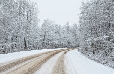 Karlı bir aralık günü kırsalda yol. 