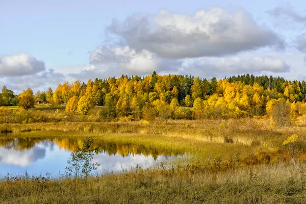 Autumn landscape in Karelia with a field, houses and lakes. Stock Picture