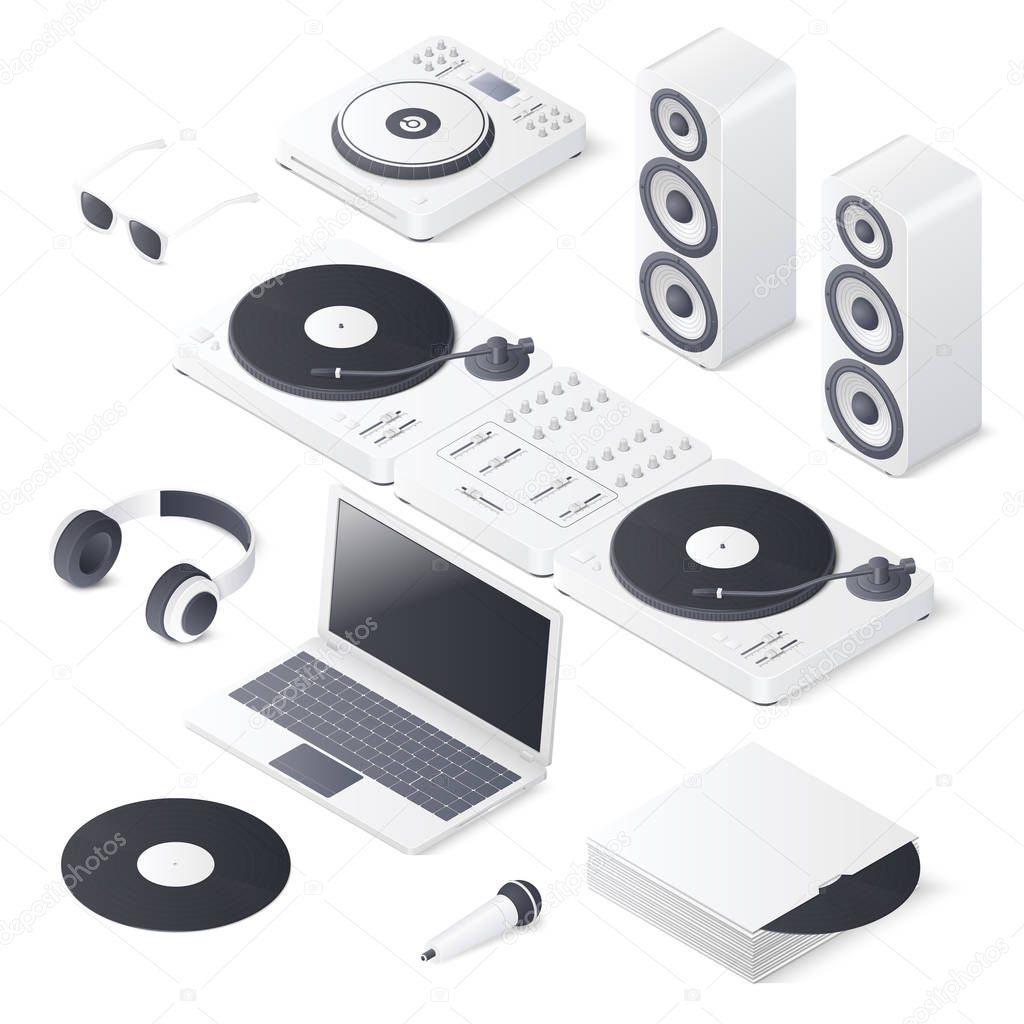 Set of DJ mix devices isolated on white background. Isometric vector illustration