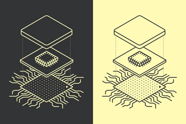 线艺术芯片。中央处理器单元概念。等距向量图 — 图库矢量图片