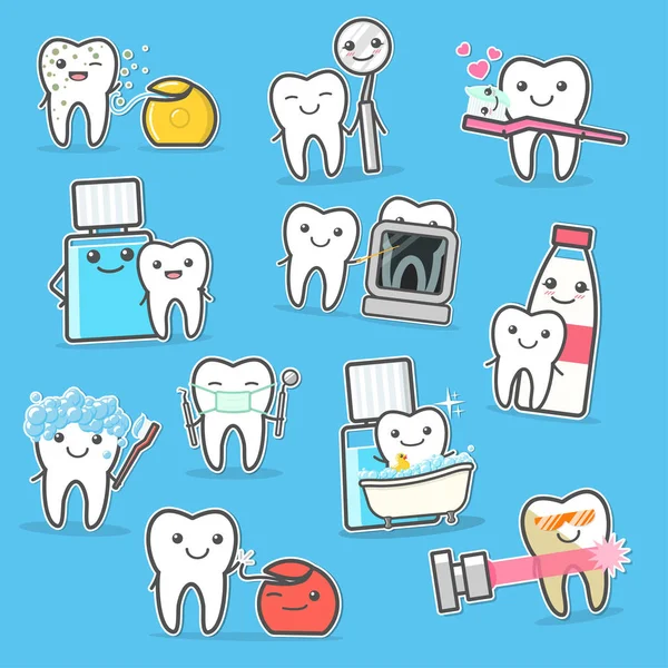 Zdravé zuby péče a hygieny. Kreslené vektorové ilustrace — Stockový vektor